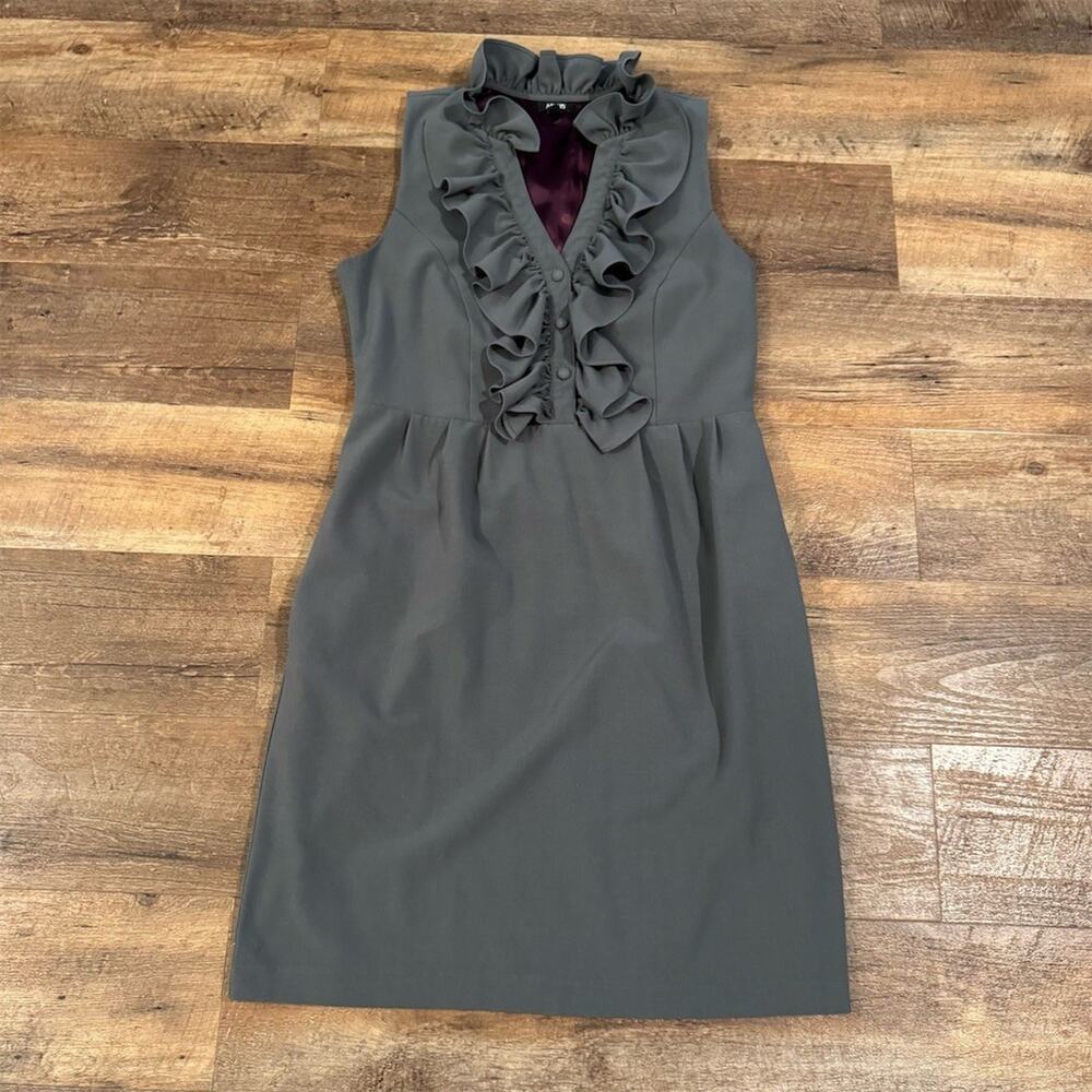 Modest Career Dress M Pockets Gray Ruffle Neckline Sheath Knee Length READ